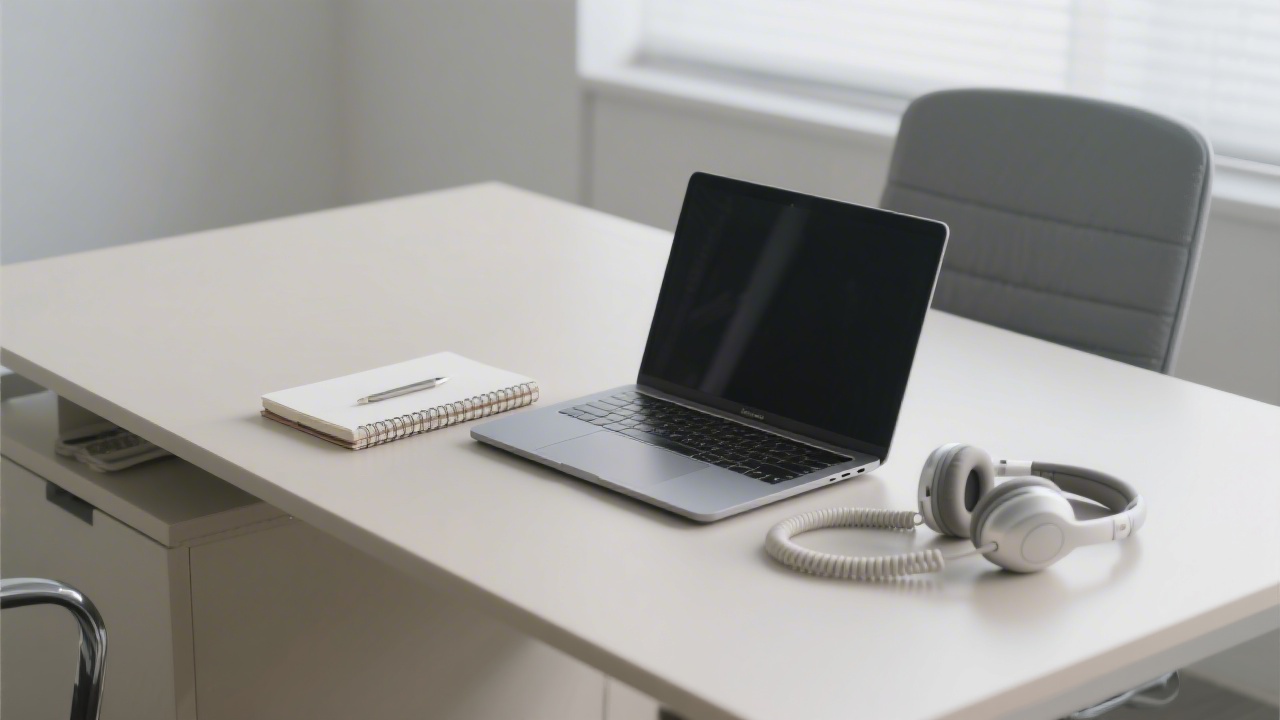 Professional desk with a laptop, notebook, and telephone headset ready for client enquiries, reflecting a calm and responsive contact environment.