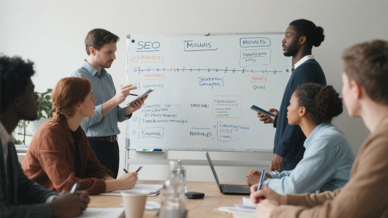 Wide shot of a training board listing SEO modules, timelines, and workshop goals, with participants discussing implementation steps and taking notes.