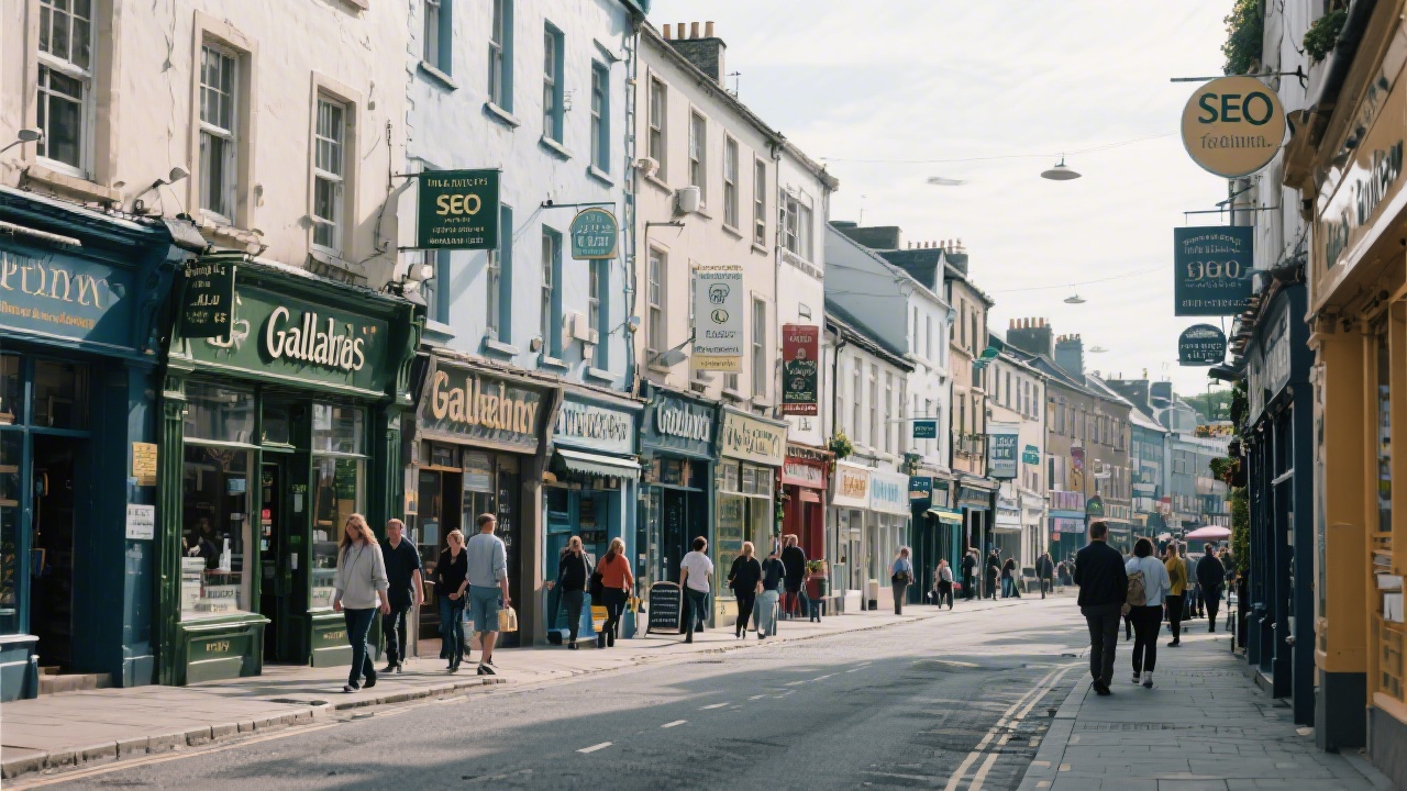Scenic view of Galway city streets with local businesses, signage, and pedestrians, representing the local market focus of our SEO training approach.