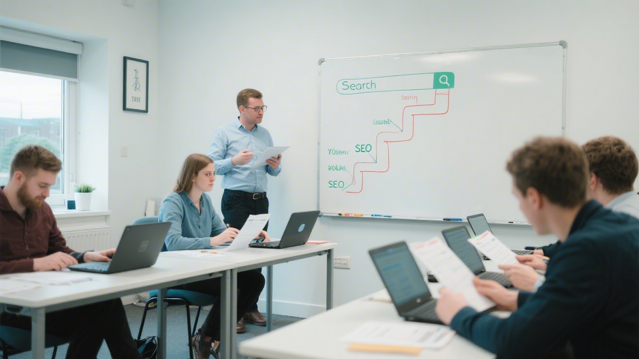 Bright training room with learners reviewing SEO worksheets on laptops, whiteboard showing search funnels, and a calm instructor guiding practical tasks in Galway.