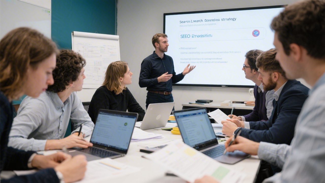 Group workshop with participants collaborating on SEO planning documents, laptops open, and an instructor facilitating structured discussion around search strategy.